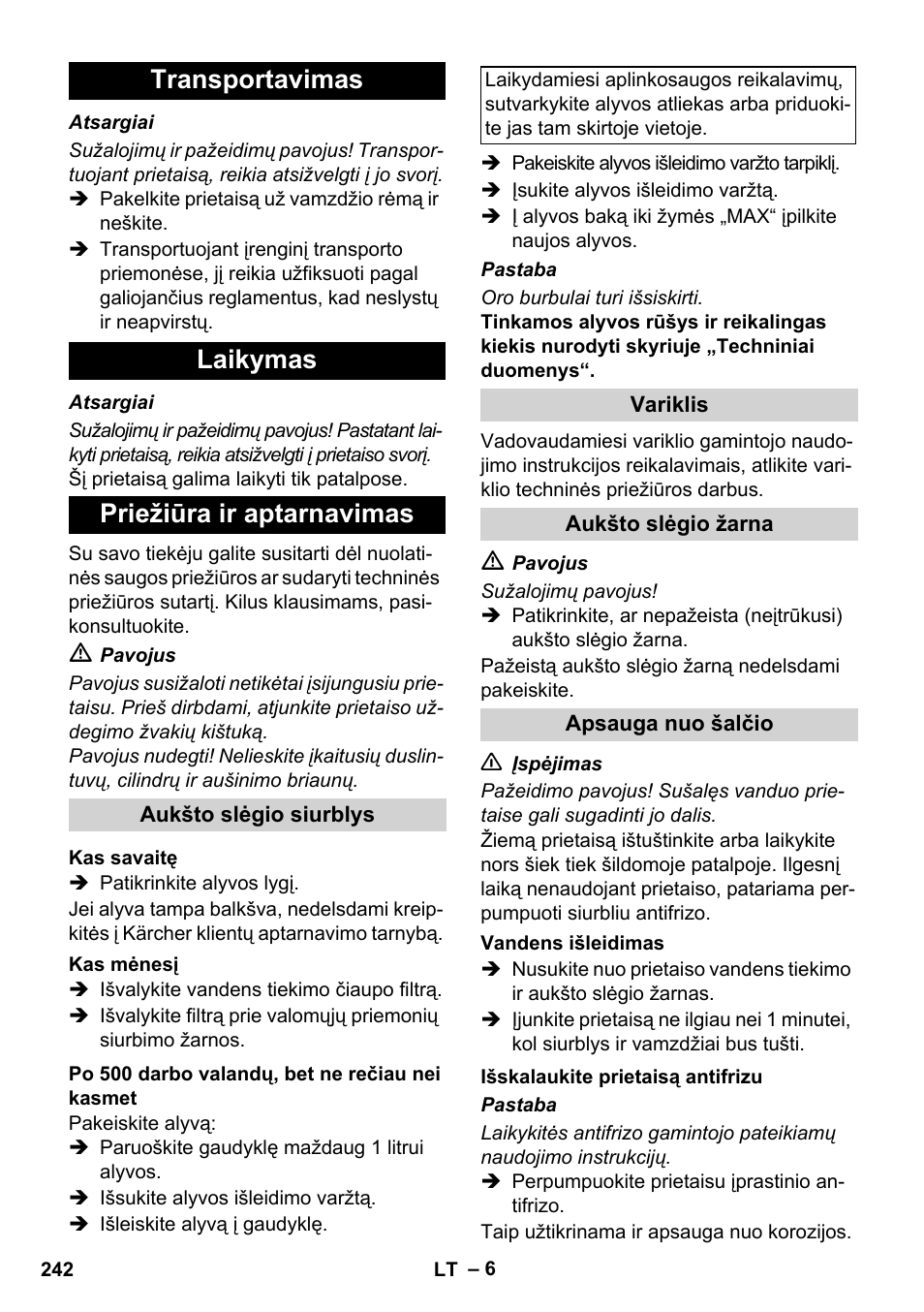 Transportavimas laikymas priežiūra ir aptarnavimas | Karcher HD 728 B Cage User Manual | Page 242 / 256