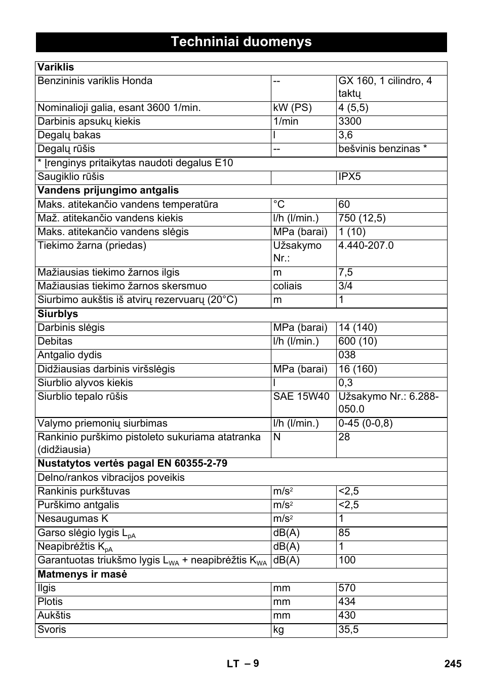 Techniniai duomenys | Karcher HD 728 B Cage User Manual | Page 245 / 256