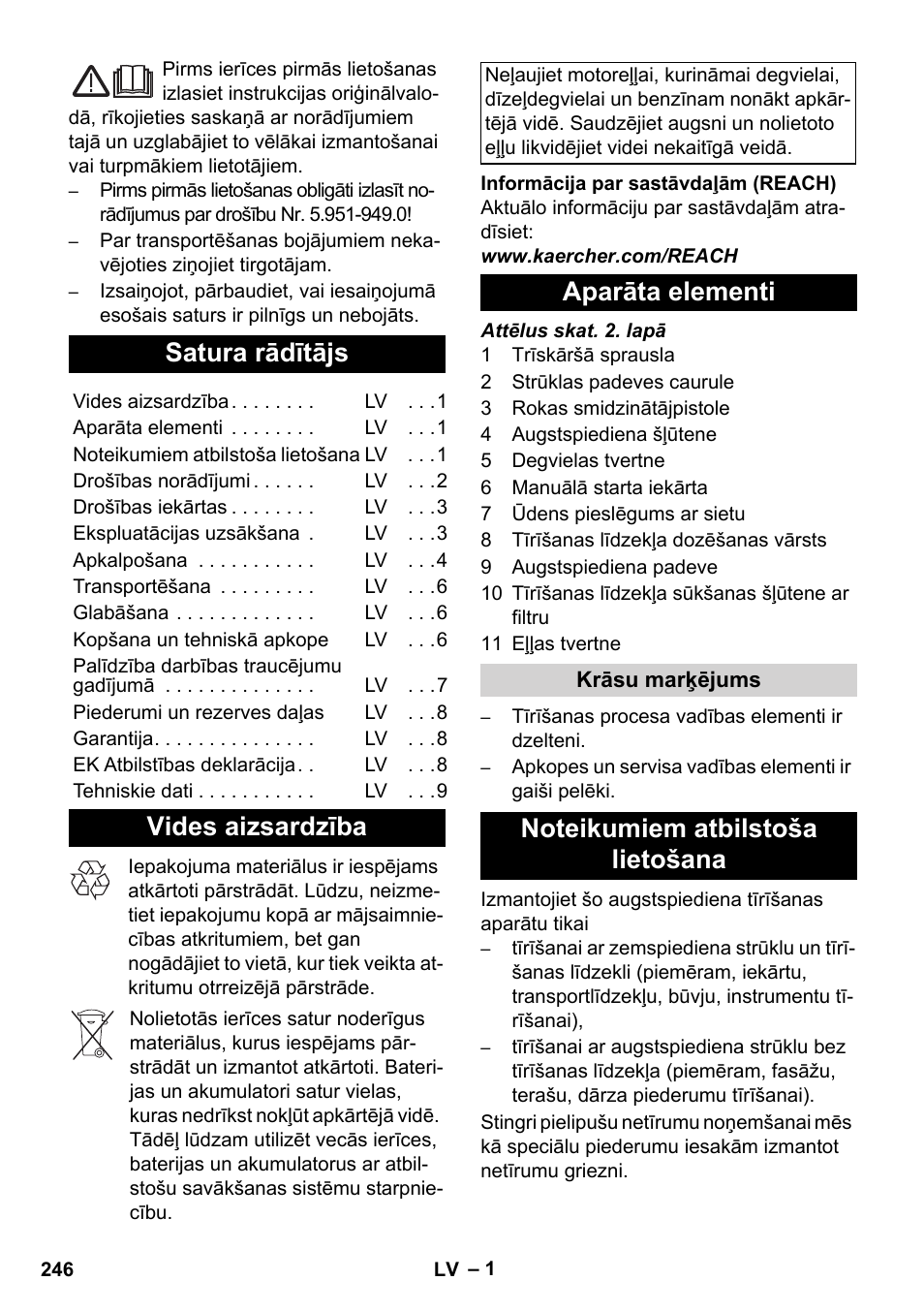 Latviešu, Satura rādītājs, Vides aizsardzība | Aparāta elementi | Karcher HD 728 B Cage User Manual | Page 246 / 256