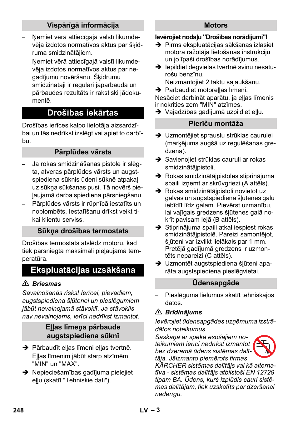 Drošības iekārtas, Ekspluatācijas uzsākšana | Karcher HD 728 B Cage User Manual | Page 248 / 256