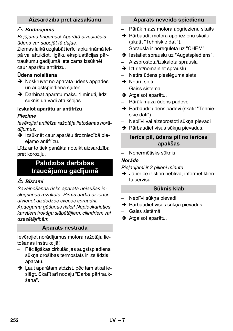 Palīdzība darbības traucējumu gadījumā | Karcher HD 728 B Cage User Manual | Page 252 / 256