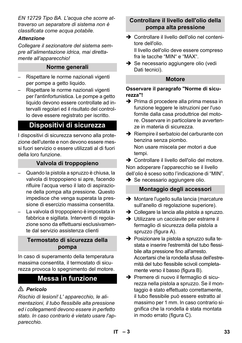 Dispositivi di sicurezza, Messa in funzione | Karcher HD 728 B Cage User Manual | Page 33 / 256