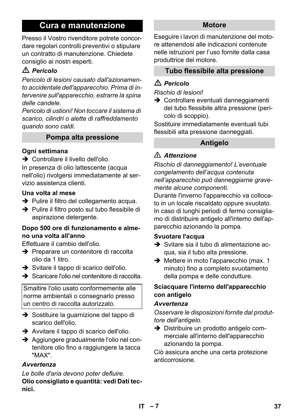 Cura e manutenzione | Karcher HD 728 B Cage User Manual | Page 37 / 256