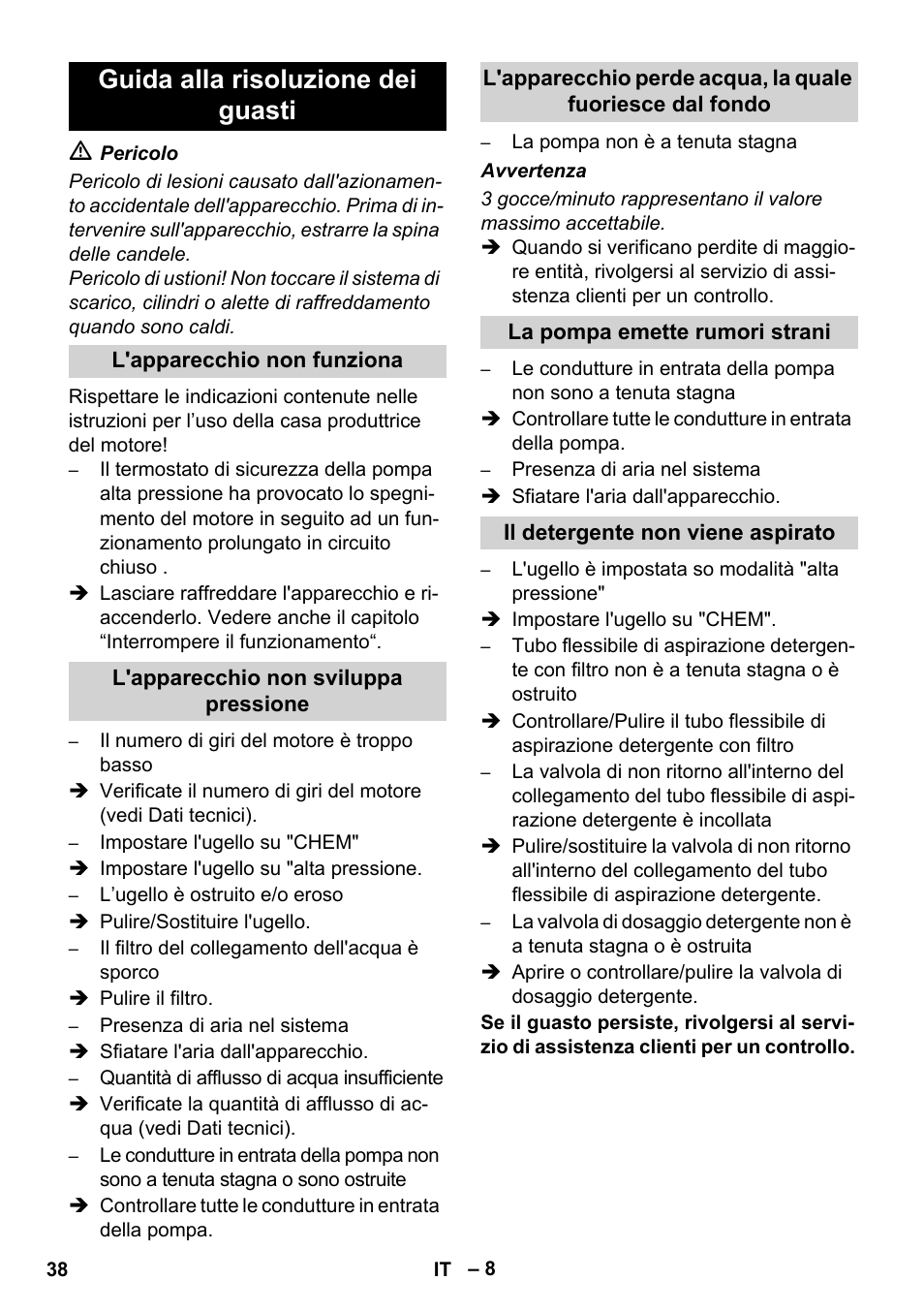 Guida alla risoluzione dei guasti | Karcher HD 728 B Cage User Manual | Page 38 / 256