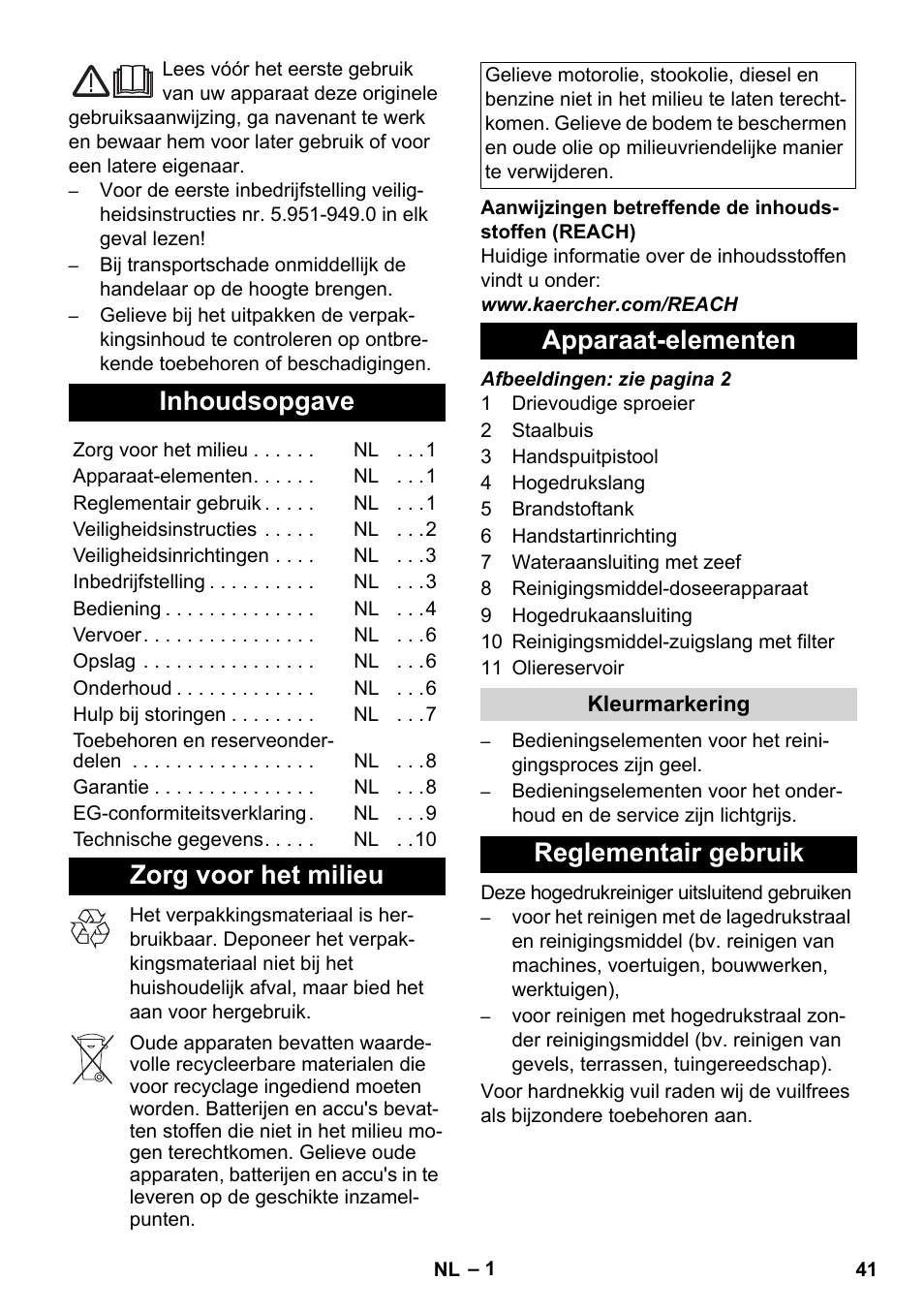 Nederlands, Inhoudsopgave, Zorg voor het milieu | Apparaat-elementen, Reglementair gebruik | Karcher HD 728 B Cage User Manual | Page 41 / 256