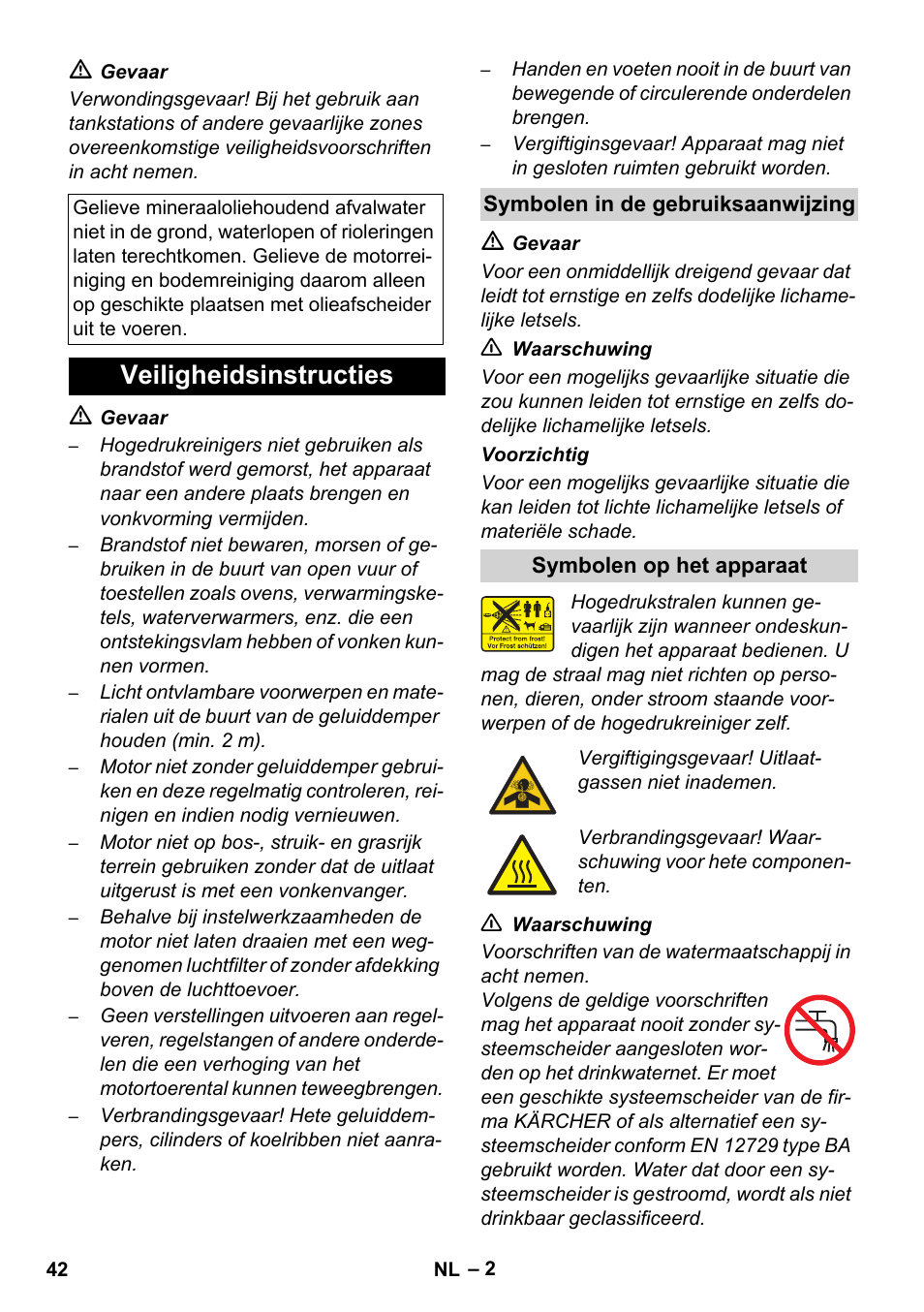 Veiligheidsinstructies | Karcher HD 728 B Cage User Manual | Page 42 / 256