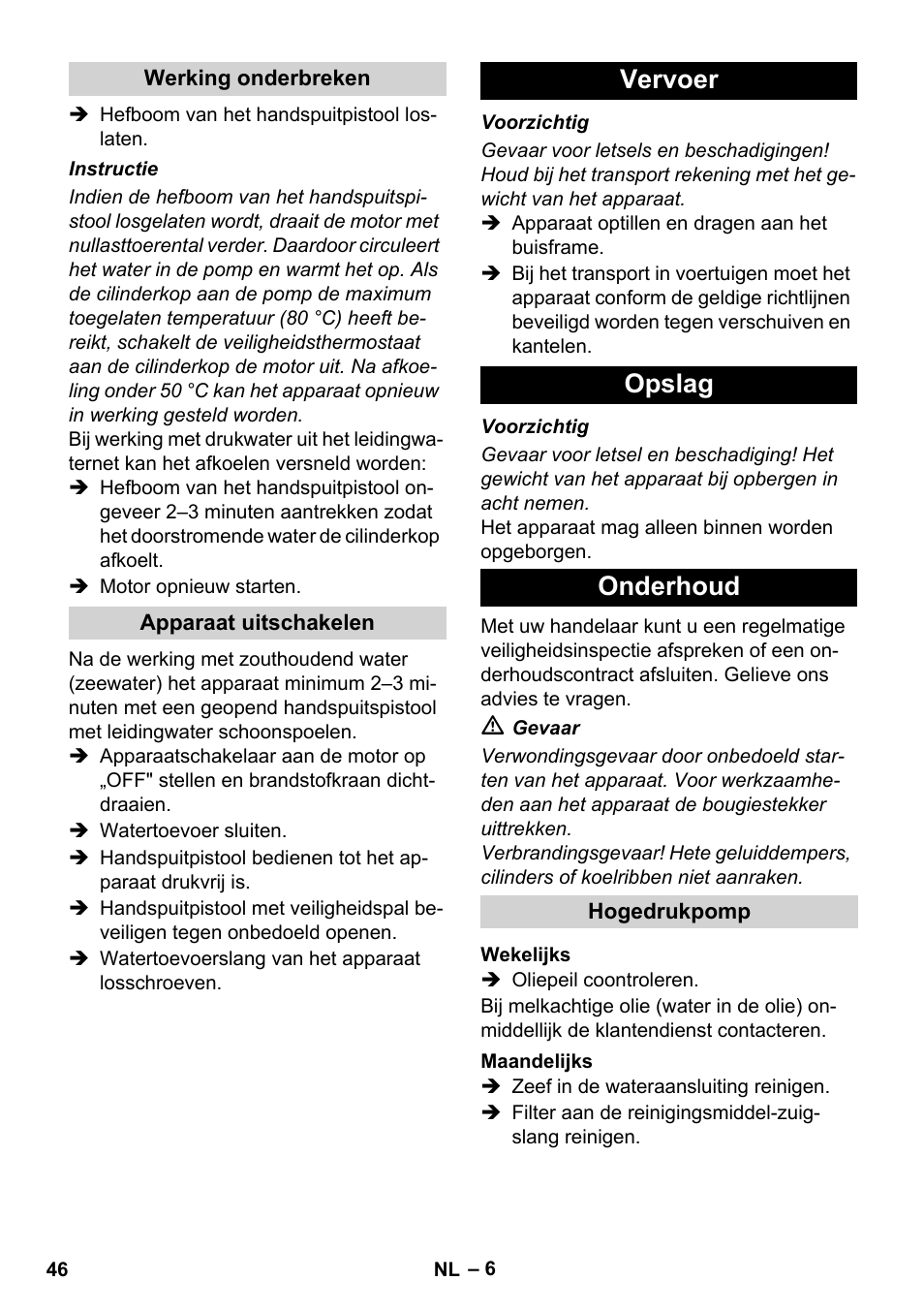 Vervoer opslag onderhoud | Karcher HD 728 B Cage User Manual | Page 46 / 256