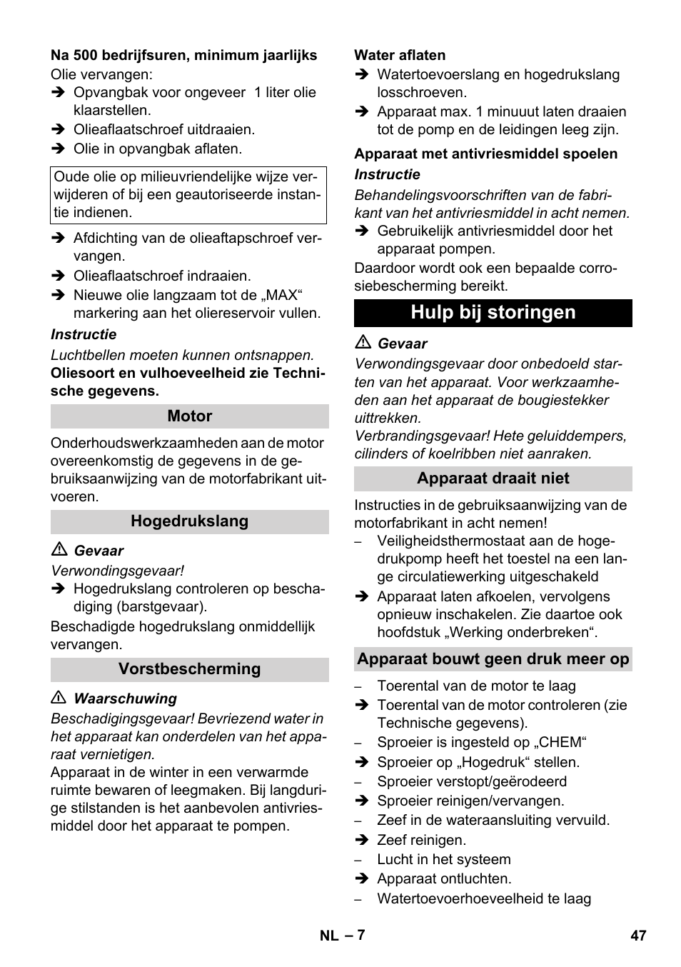 Hulp bij storingen | Karcher HD 728 B Cage User Manual | Page 47 / 256