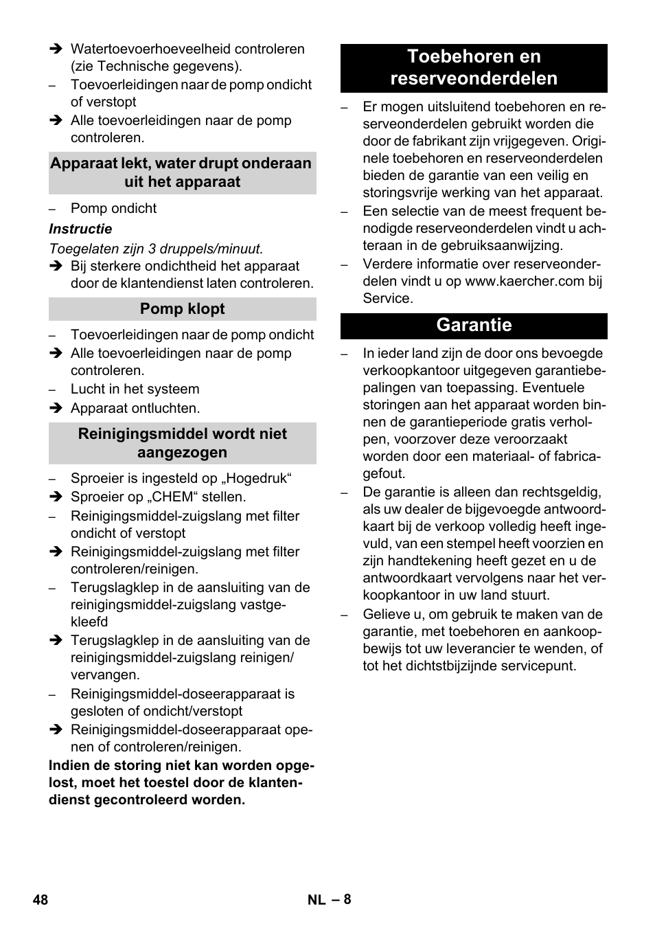 Toebehoren en reserveonderdelen garantie | Karcher HD 728 B Cage User Manual | Page 48 / 256