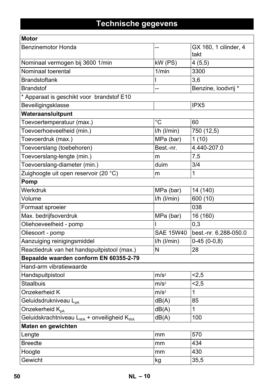 Technische gegevens | Karcher HD 728 B Cage User Manual | Page 50 / 256