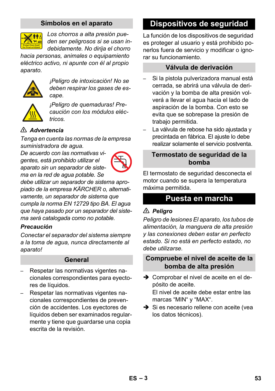 Dispositivos de seguridad, Puesta en marcha | Karcher HD 728 B Cage User Manual | Page 53 / 256