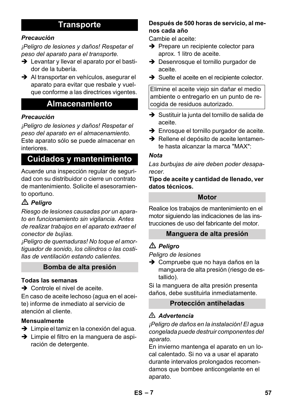 Transporte almacenamiento cuidados y mantenimiento | Karcher HD 728 B Cage User Manual | Page 57 / 256