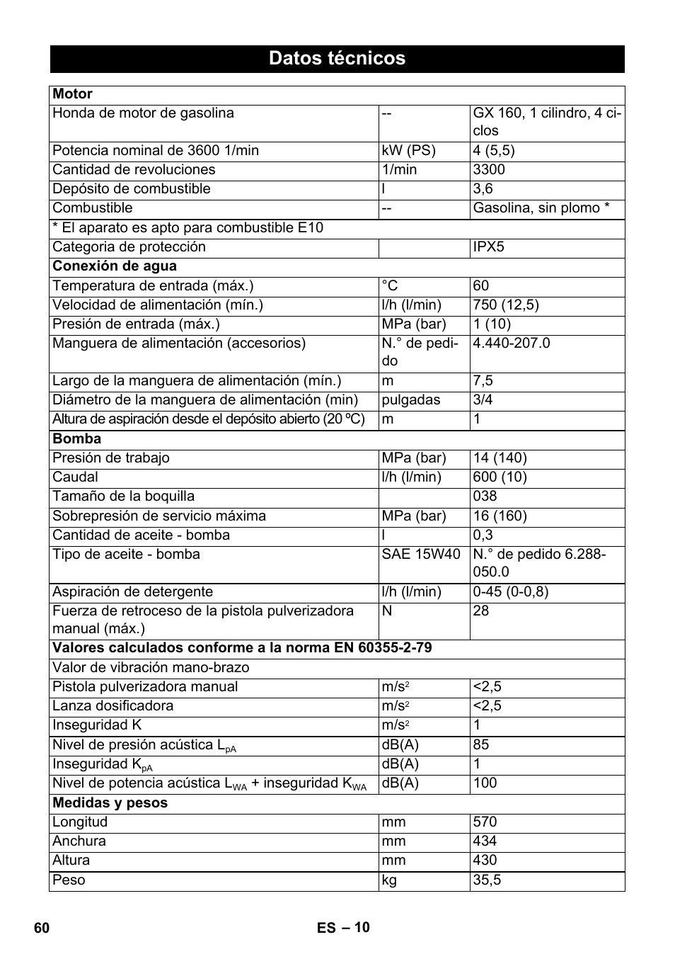 Datos técnicos | Karcher HD 728 B Cage User Manual | Page 60 / 256