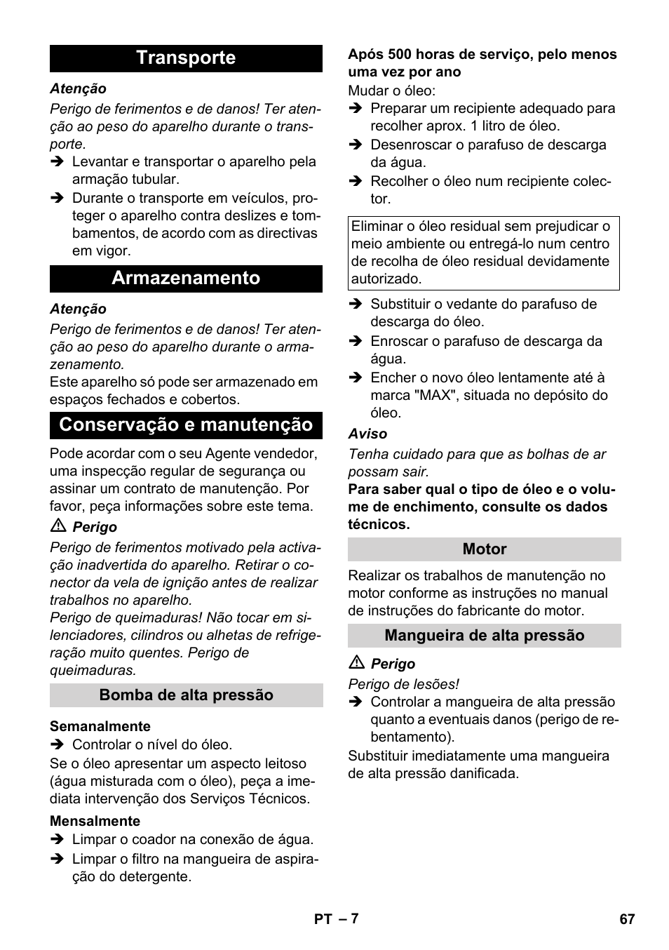 Transporte armazenamento conservação e manutenção | Karcher HD 728 B Cage User Manual | Page 67 / 256