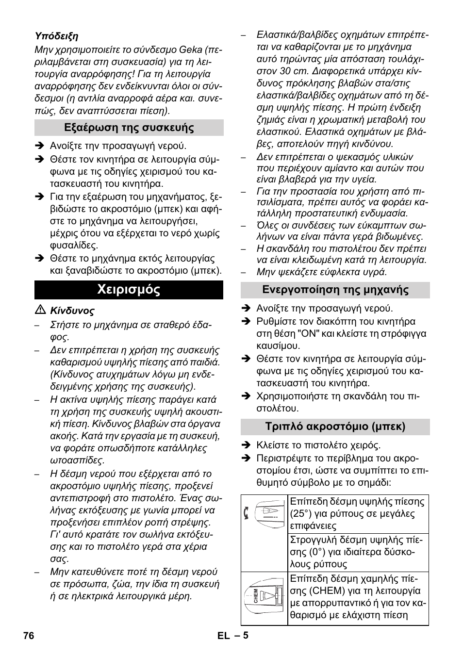 Χειρισμός | Karcher HD 728 B Cage User Manual | Page 76 / 256