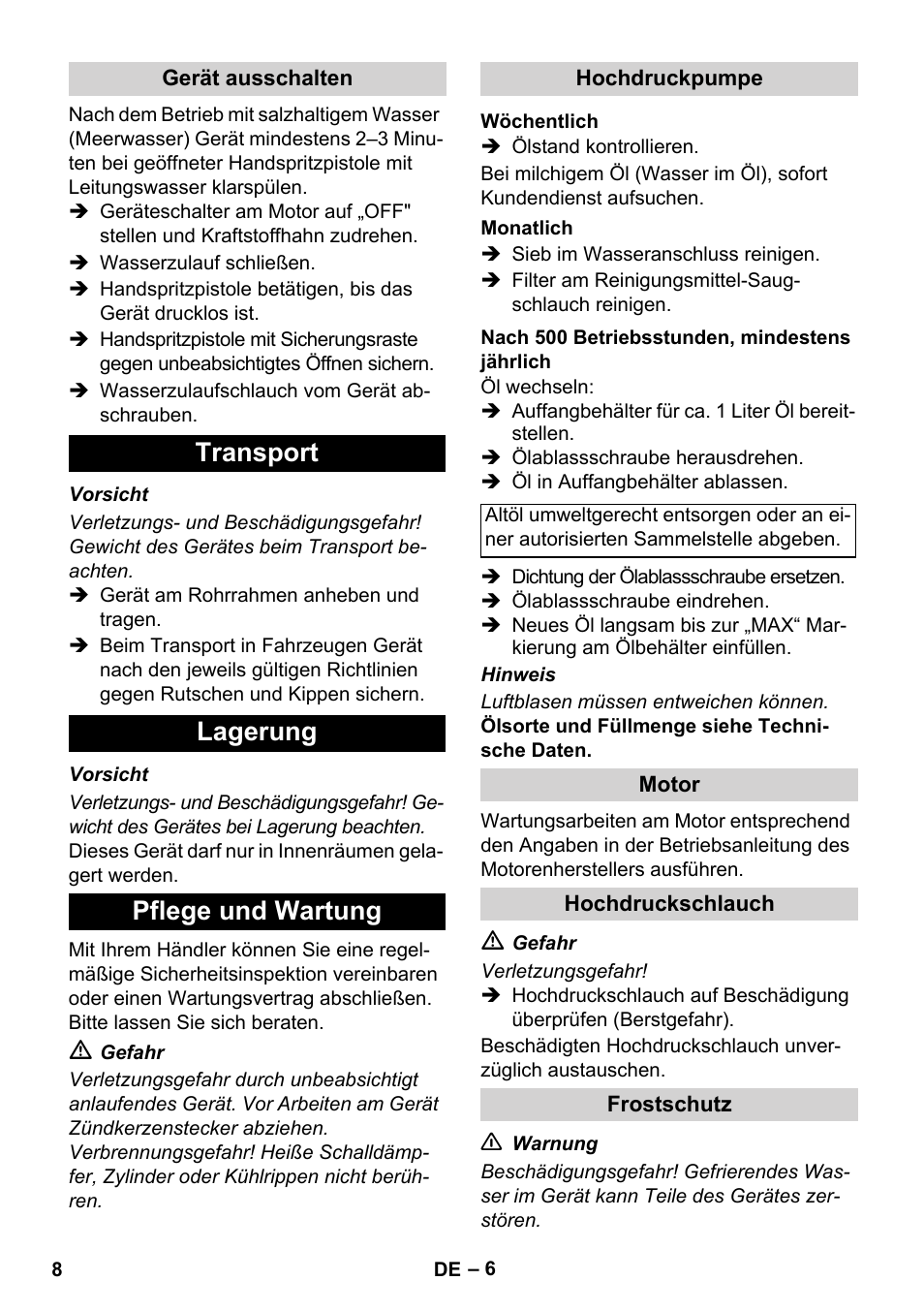 Transport lagerung pflege und wartung | Karcher HD 728 B Cage User Manual | Page 8 / 256