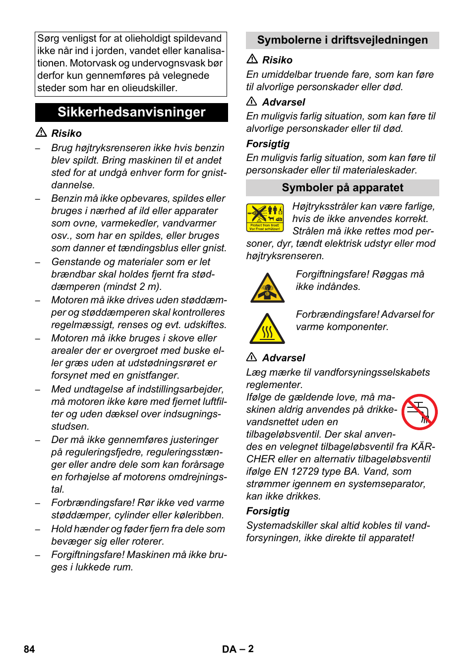 Sikkerhedsanvisninger | Karcher HD 728 B Cage User Manual | Page 84 / 256