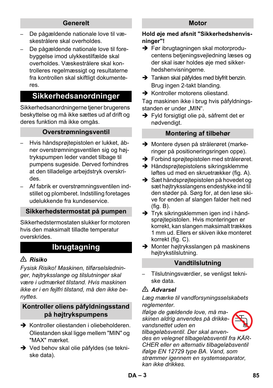 Sikkerhedsanordninger, Ibrugtagning | Karcher HD 728 B Cage User Manual | Page 85 / 256