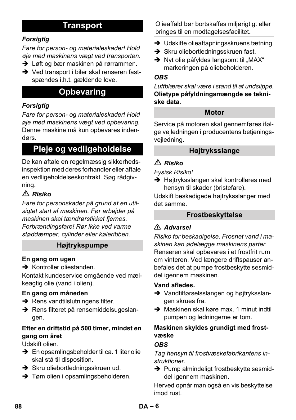 Transport opbevaring pleje og vedligeholdelse | Karcher HD 728 B Cage User Manual | Page 88 / 256