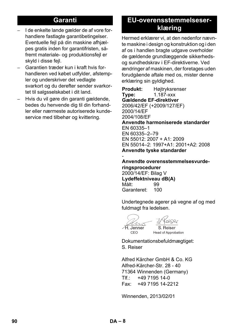 Garanti eu-overensstemmelseser- klæring | Karcher HD 728 B Cage User Manual | Page 90 / 256