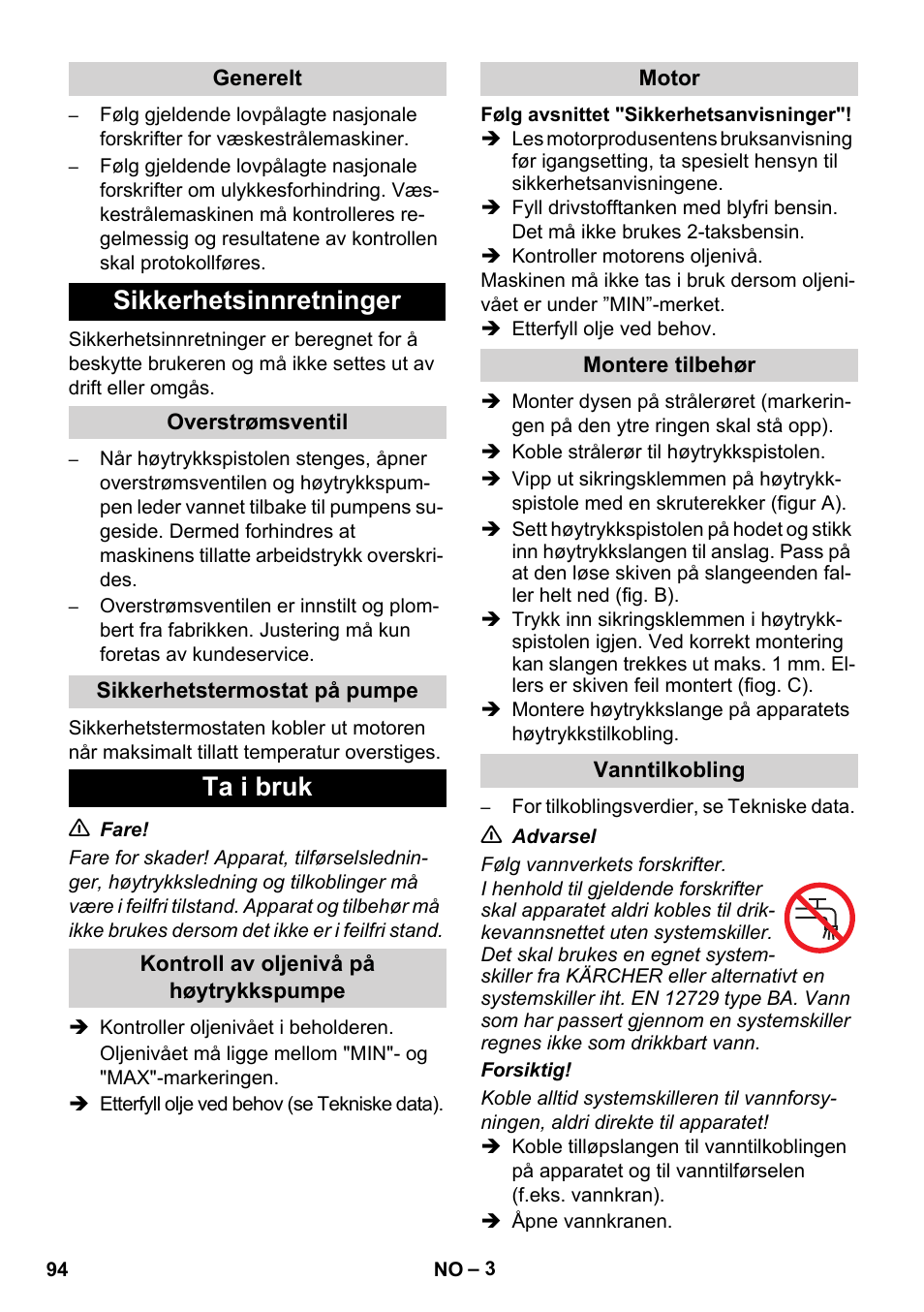 Sikkerhetsinnretninger, Ta i bruk | Karcher HD 728 B Cage User Manual | Page 94 / 256