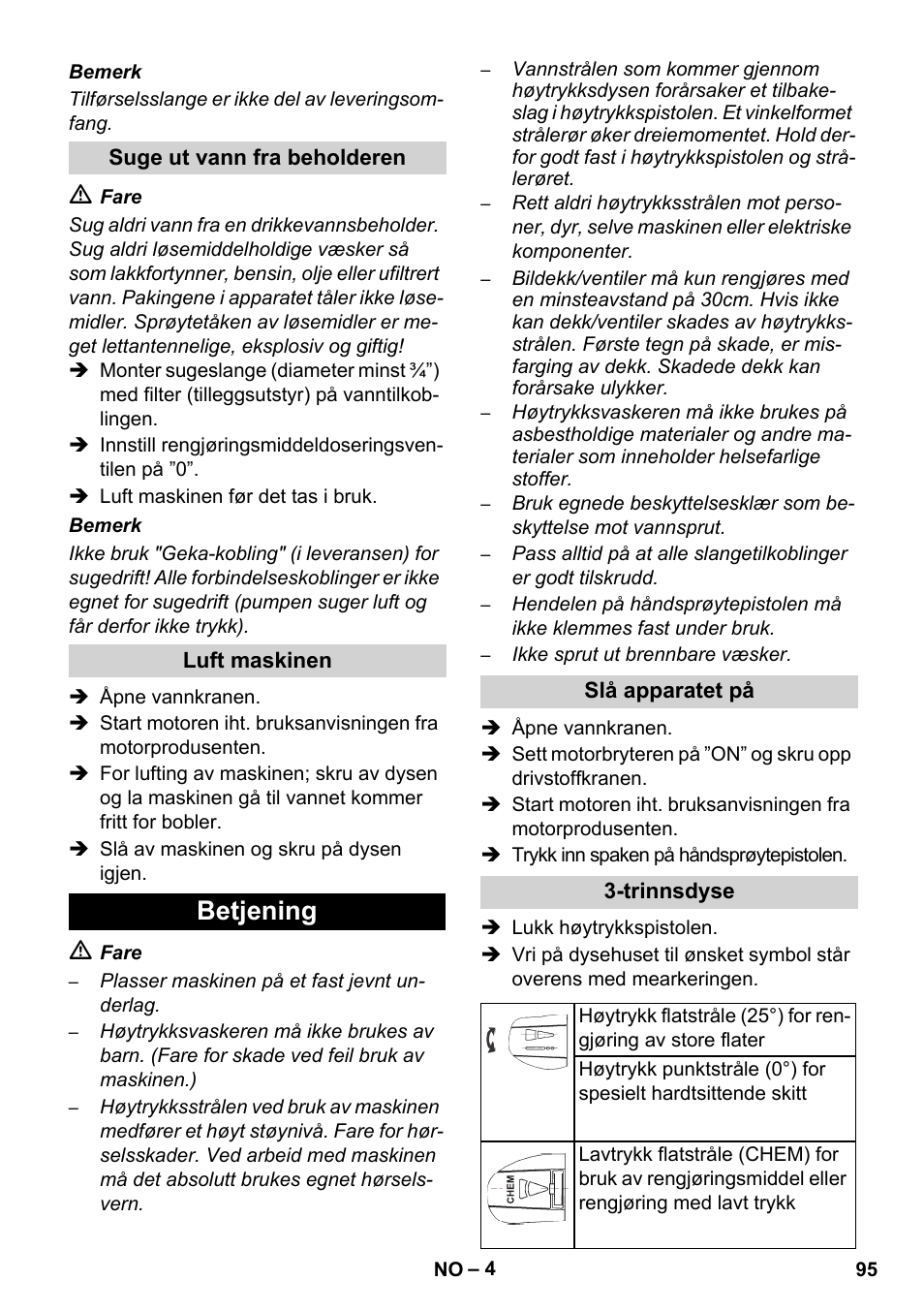 Betjening | Karcher HD 728 B Cage User Manual | Page 95 / 256