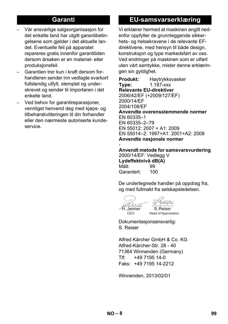 Garanti eu-samsvarserklæring | Karcher HD 728 B Cage User Manual | Page 99 / 256