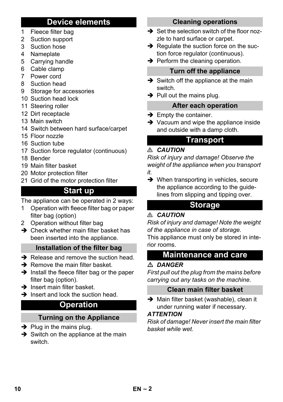Device elements, Start up, Installation of the filter bag | Operation, Turning on the appliance, Cleaning operations, Turn off the appliance, After each operation, Transport, Storage | Karcher T 7-1 eco!efficiency User Manual | Page 10 / 144