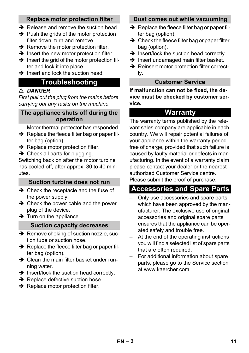 Replace motor protection filter, Troubleshooting, The appliance shuts off during the operation | Suction turbine does not run, Suction capacity decreases, Dust comes out while vacuuming, Customer service, Warranty, Accessories and spare parts, Warranty accessories and spare parts | Karcher T 7-1 eco!efficiency User Manual | Page 11 / 144