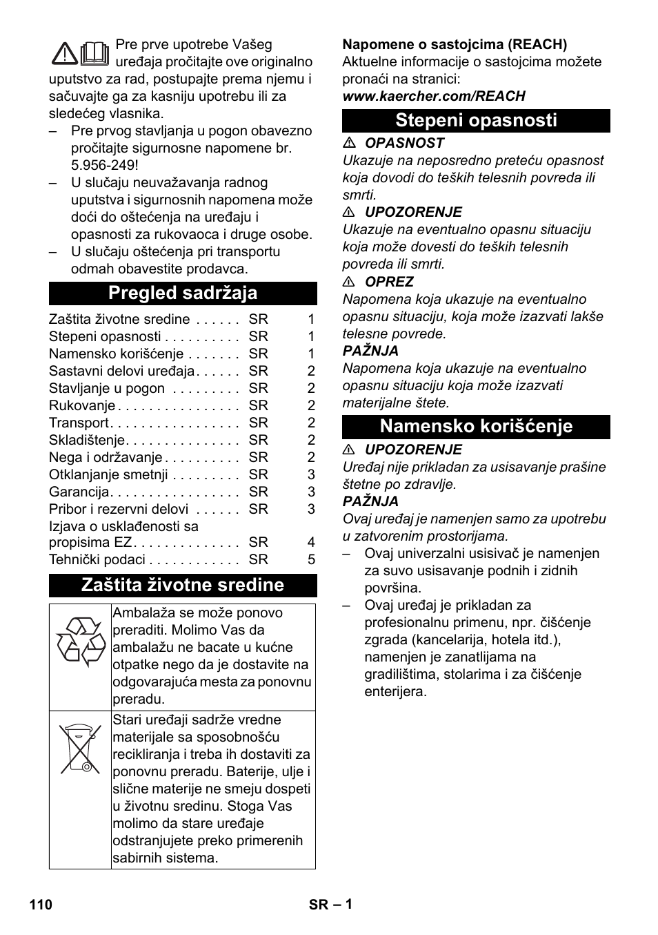 Srpski, Pregled sadržaja, Zaštita životne sredine | Stepeni opasnosti, Namensko korišćenje, Stepeni opasnosti namensko korišćenje | Karcher T 7-1 eco!efficiency User Manual | Page 110 / 144