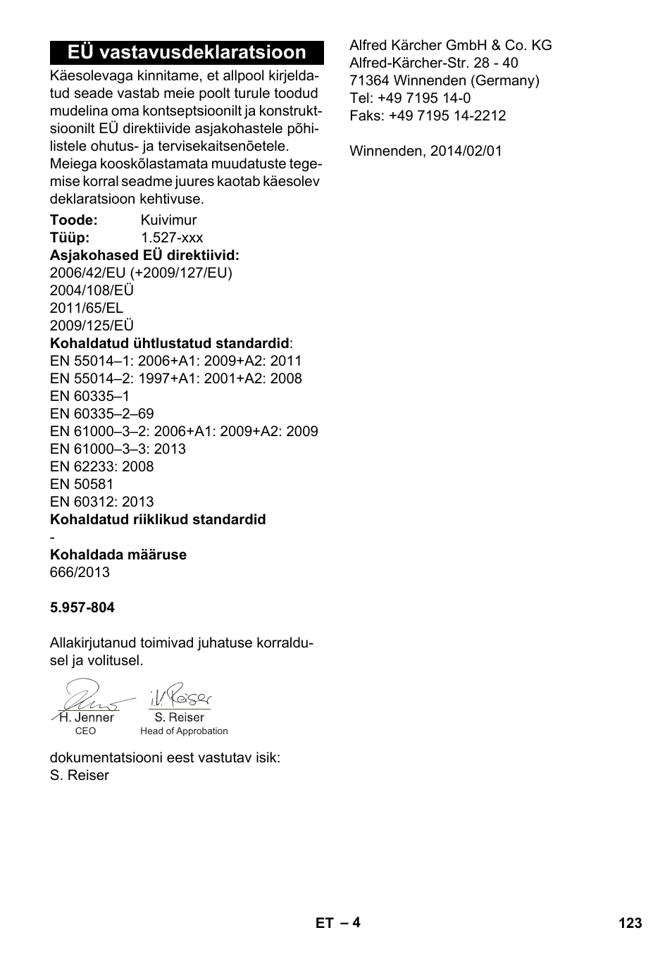 Eü vastavusdeklaratsioon | Karcher T 7-1 eco!efficiency User Manual | Page 123 / 144