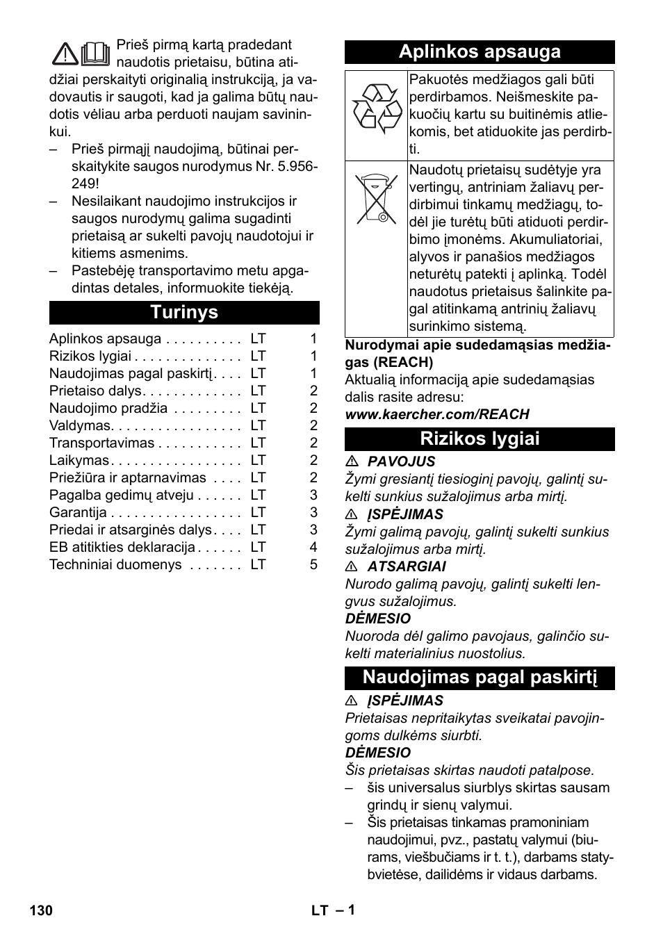 Lietuviškai, Turinys, Aplinkos apsauga | Rizikos lygiai, Naudojimas pagal paskirtį, Rizikos lygiai naudojimas pagal paskirtį | Karcher T 7-1 eco!efficiency User Manual | Page 130 / 144