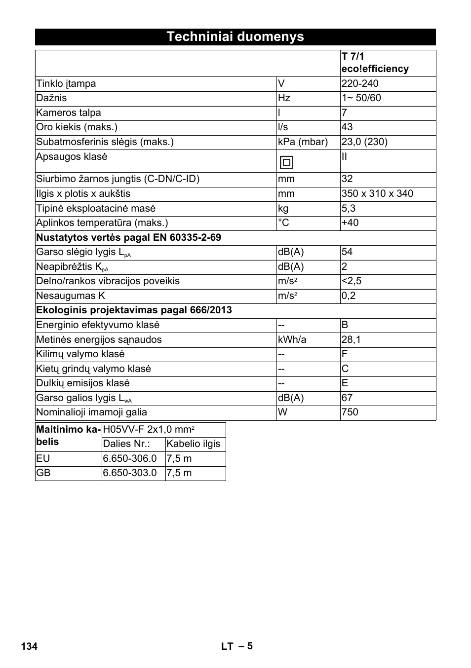 Techniniai duomenys | Karcher T 7-1 eco!efficiency User Manual | Page 134 / 144