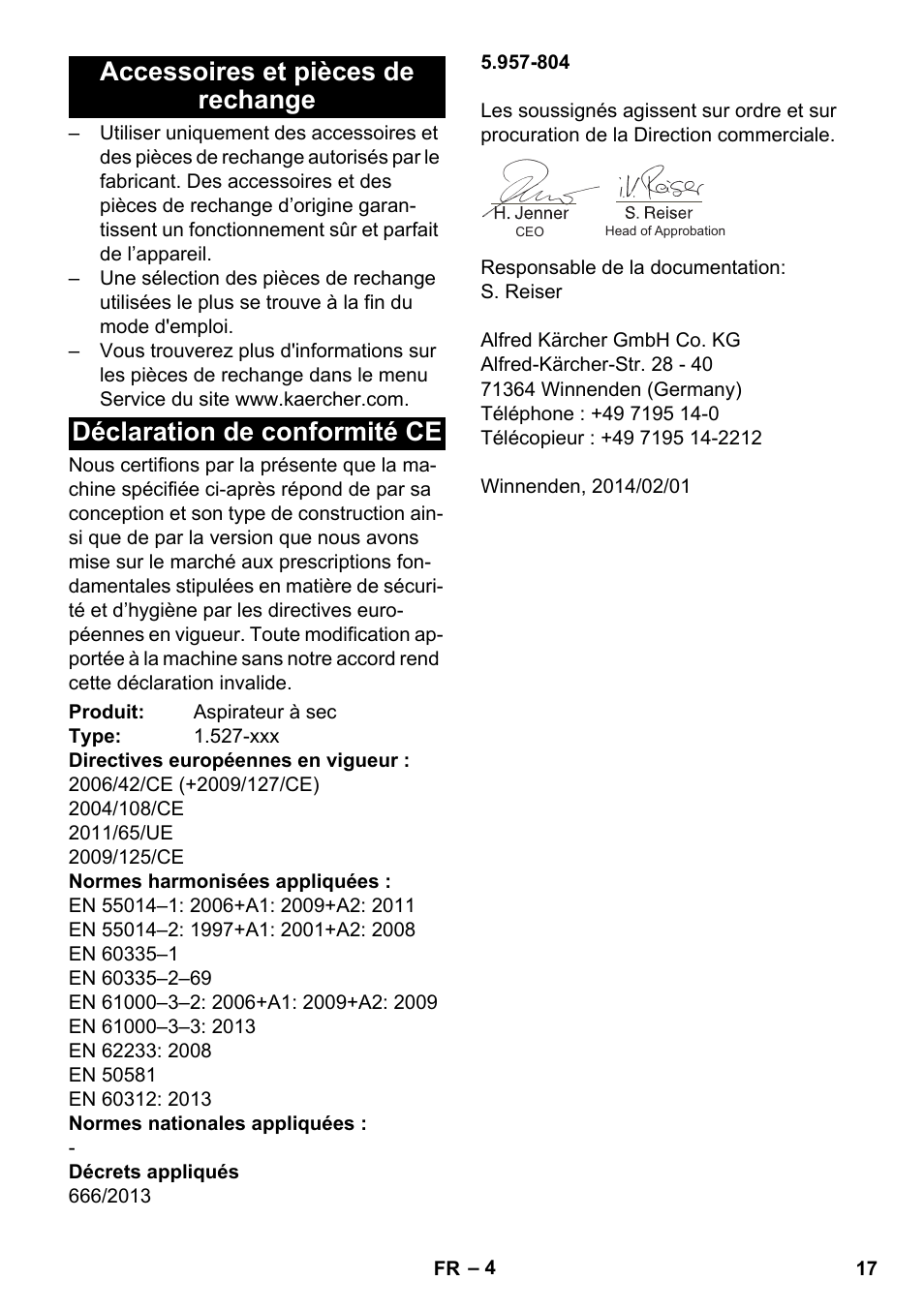 Accessoires et pièces de rechange, Déclaration de conformité ce | Karcher T 7-1 eco!efficiency User Manual | Page 17 / 144
