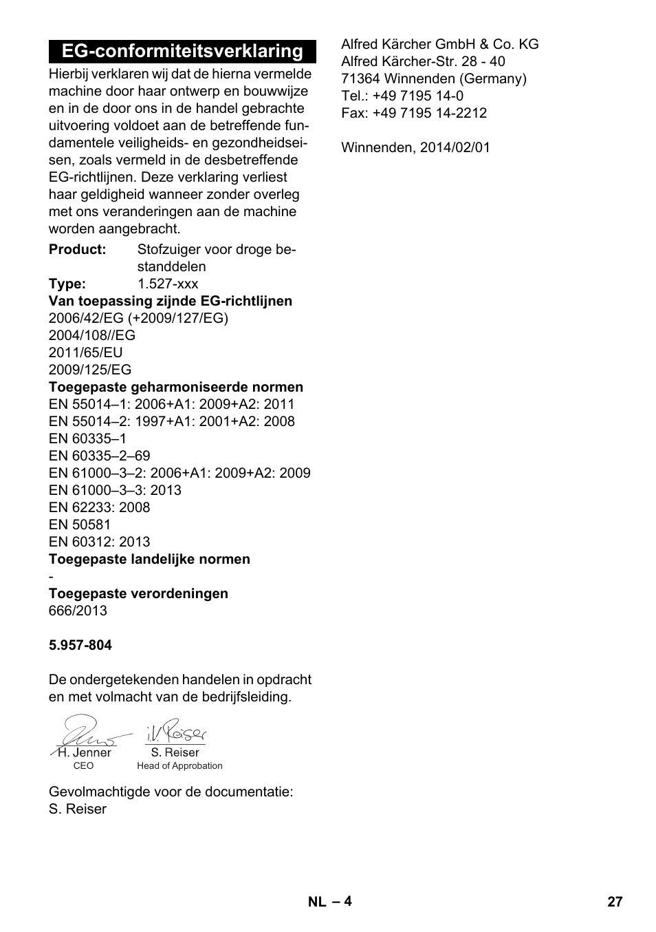 Eg-conformiteitsverklaring | Karcher T 7-1 eco!efficiency User Manual | Page 27 / 144