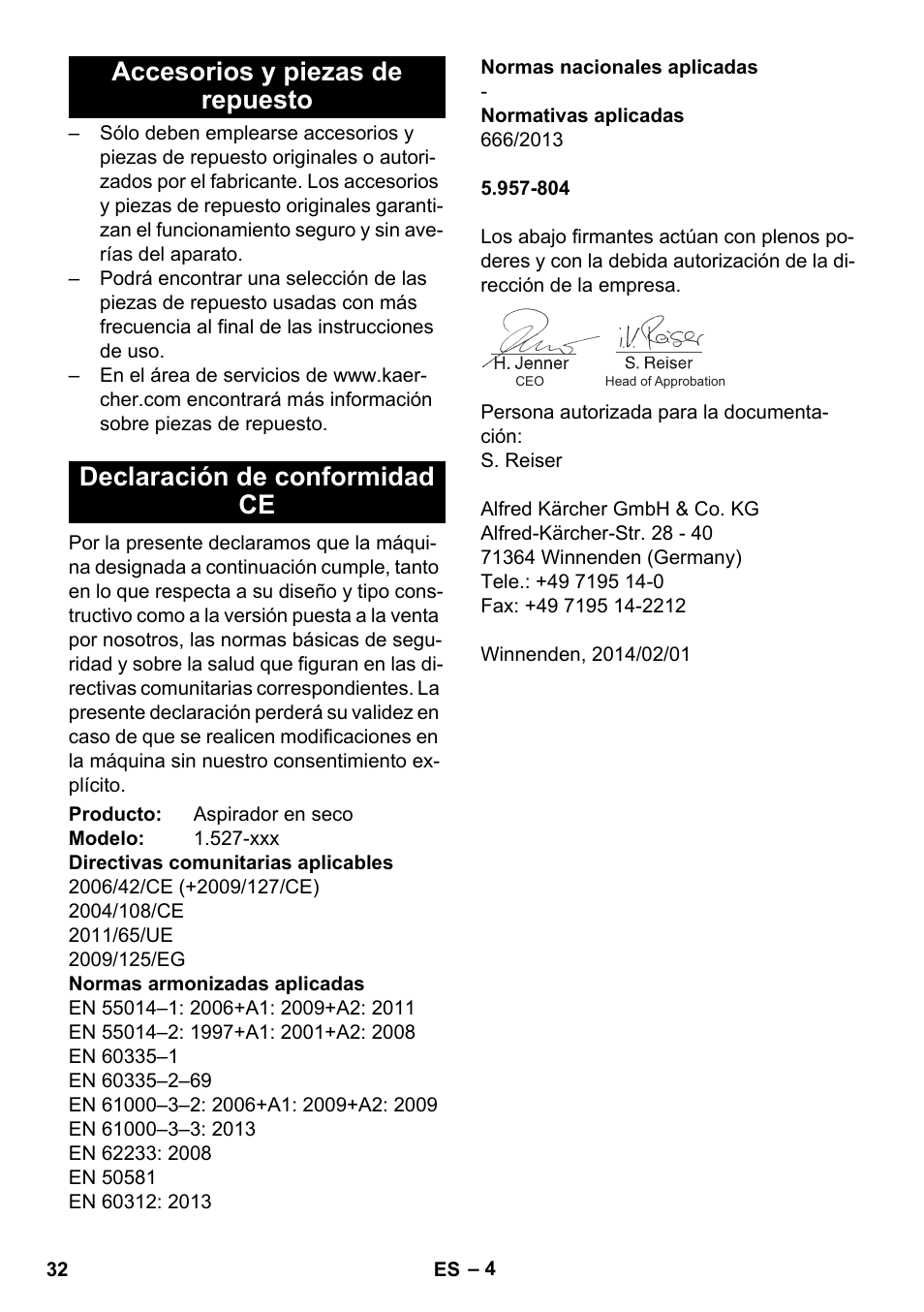 Accesorios y piezas de repuesto, Declaración de conformidad ce | Karcher T 7-1 eco!efficiency User Manual | Page 32 / 144