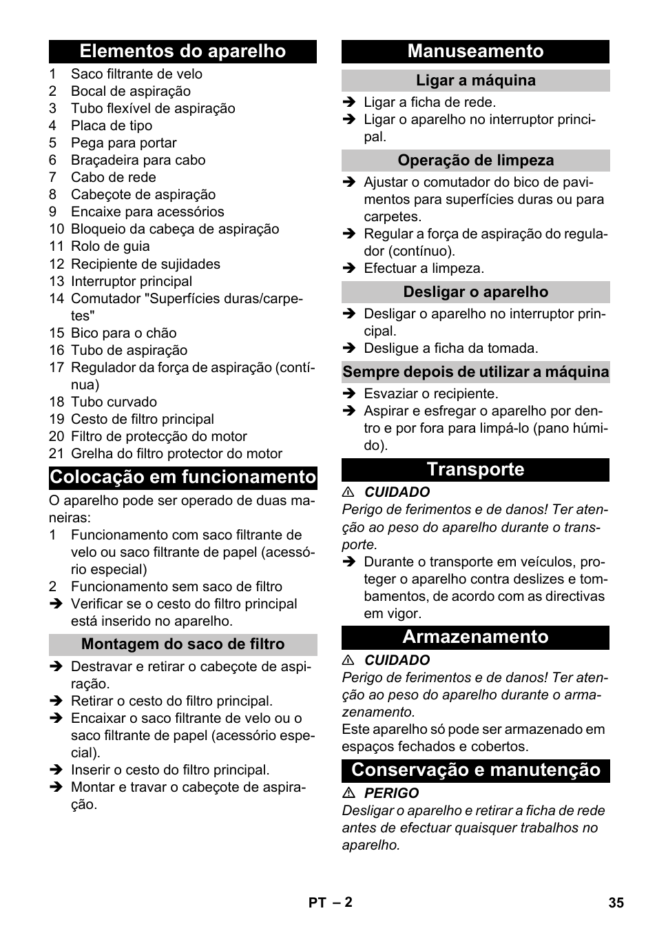 Elementos do aparelho, Colocação em funcionamento, Montagem do saco de filtro | Manuseamento, Ligar a máquina, Operação de limpeza, Desligar o aparelho, Sempre depois de utilizar a máquina, Transporte, Armazenamento | Karcher T 7-1 eco!efficiency User Manual | Page 35 / 144