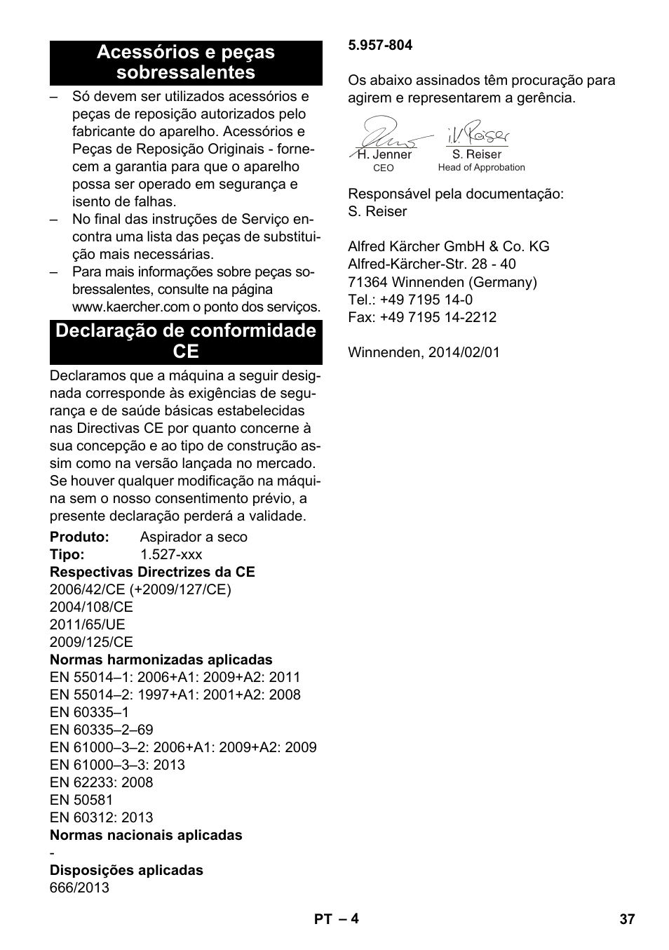 Acessórios e peças sobressalentes, Declaração de conformidade ce | Karcher T 7-1 eco!efficiency User Manual | Page 37 / 144