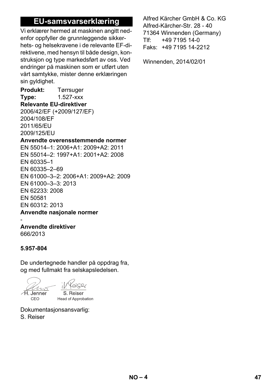 Eu-samsvarserklæring | Karcher T 7-1 eco!efficiency User Manual | Page 47 / 144