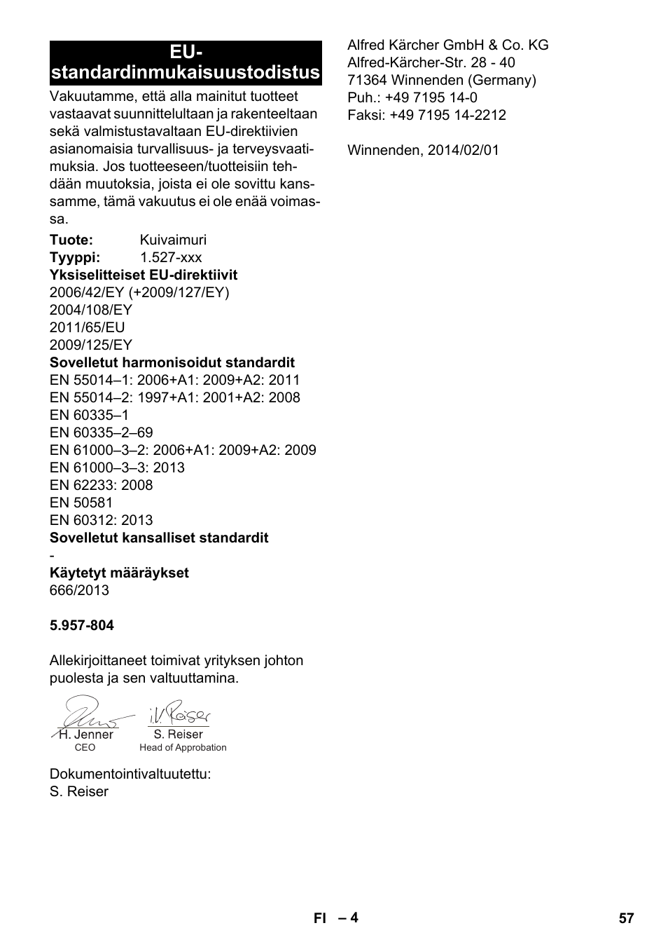 Eu- standardinmukaisuustodistus | Karcher T 7-1 eco!efficiency User Manual | Page 57 / 144