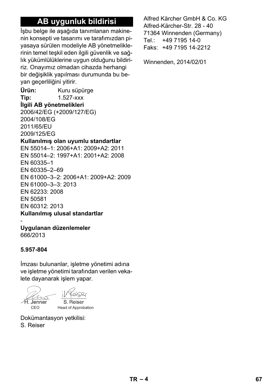 Ab uygunluk bildirisi | Karcher T 7-1 eco!efficiency User Manual | Page 67 / 144
