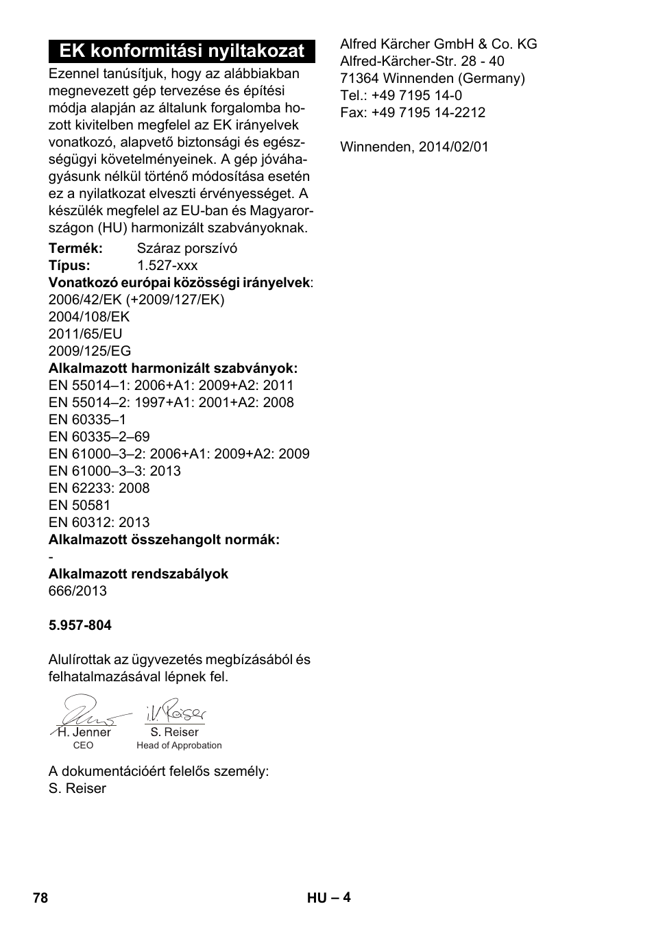 Ek konformitási nyiltakozat | Karcher T 7-1 eco!efficiency User Manual | Page 78 / 144