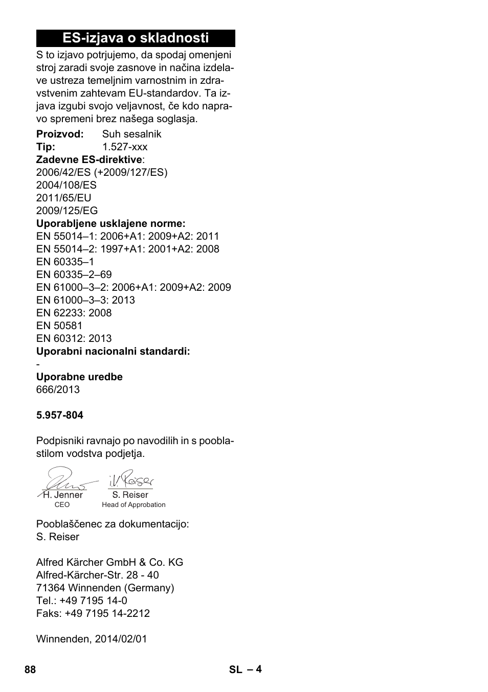 Es-izjava o skladnosti | Karcher T 7-1 eco!efficiency User Manual | Page 88 / 144