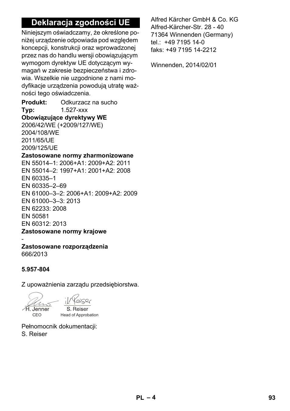 Deklaracja zgodności ue | Karcher T 7-1 eco!efficiency User Manual | Page 93 / 144