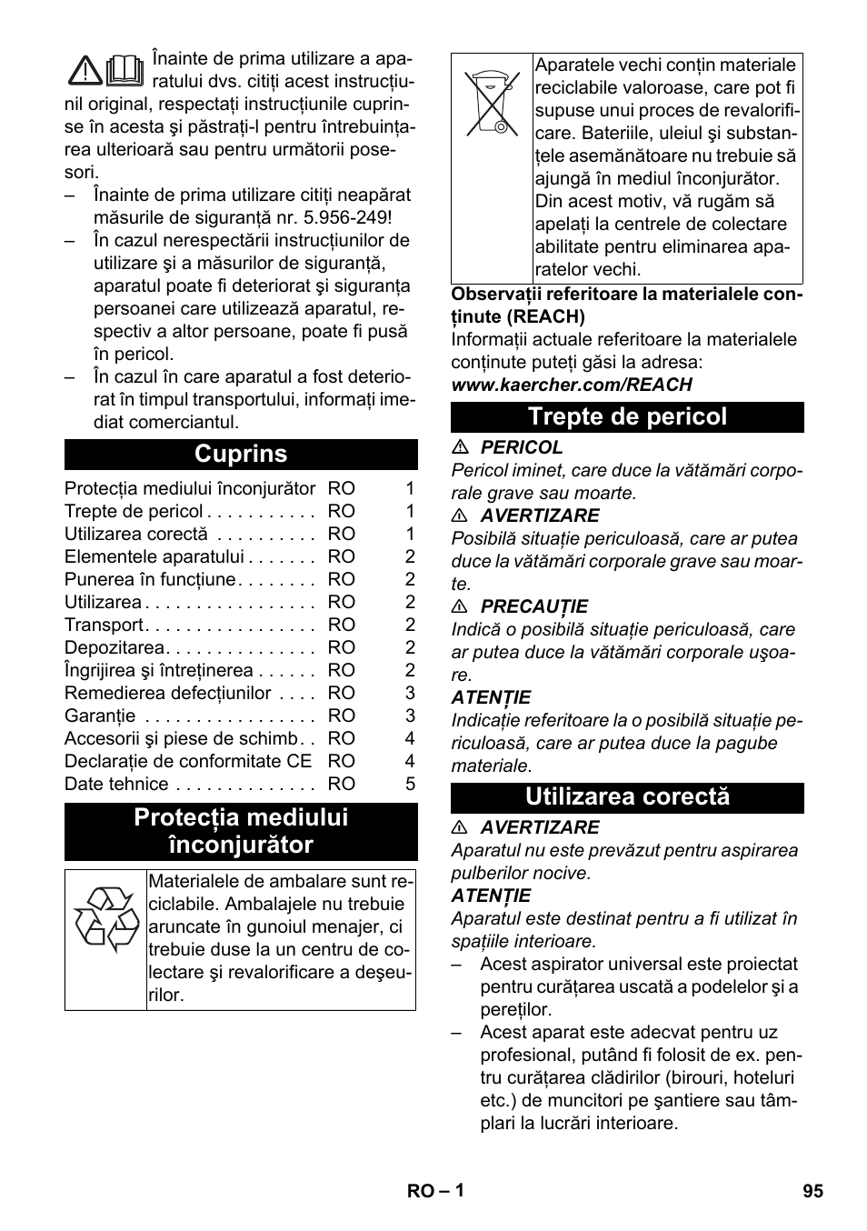 Româneşte, Cuprins, Protecţia mediului înconjurător | Trepte de pericol, Utilizarea corectă, Trepte de pericol utilizarea corectă | Karcher T 7-1 eco!efficiency User Manual | Page 95 / 144