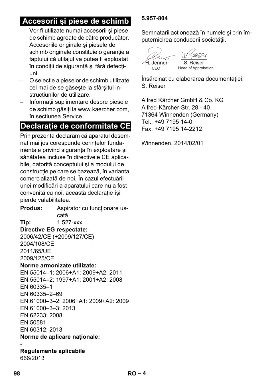 Accesorii şi piese de schimb, Declaraţie de conformitate ce | Karcher T 7-1 eco!efficiency User Manual | Page 98 / 144