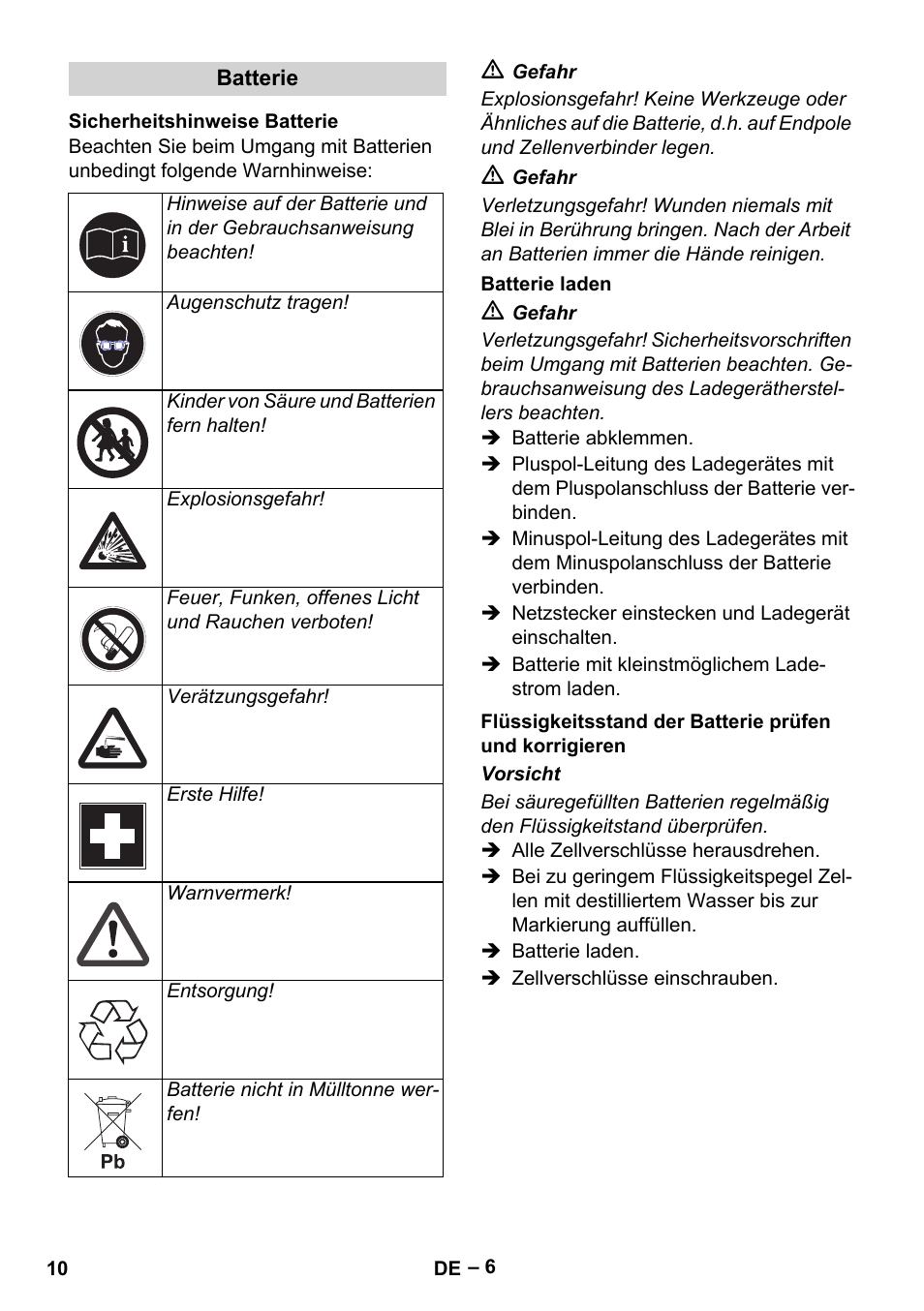 Batterie, Sicherheitshinweise batterie, Batterie laden | Karcher HDS 1000 Be User Manual | Page 10 / 436