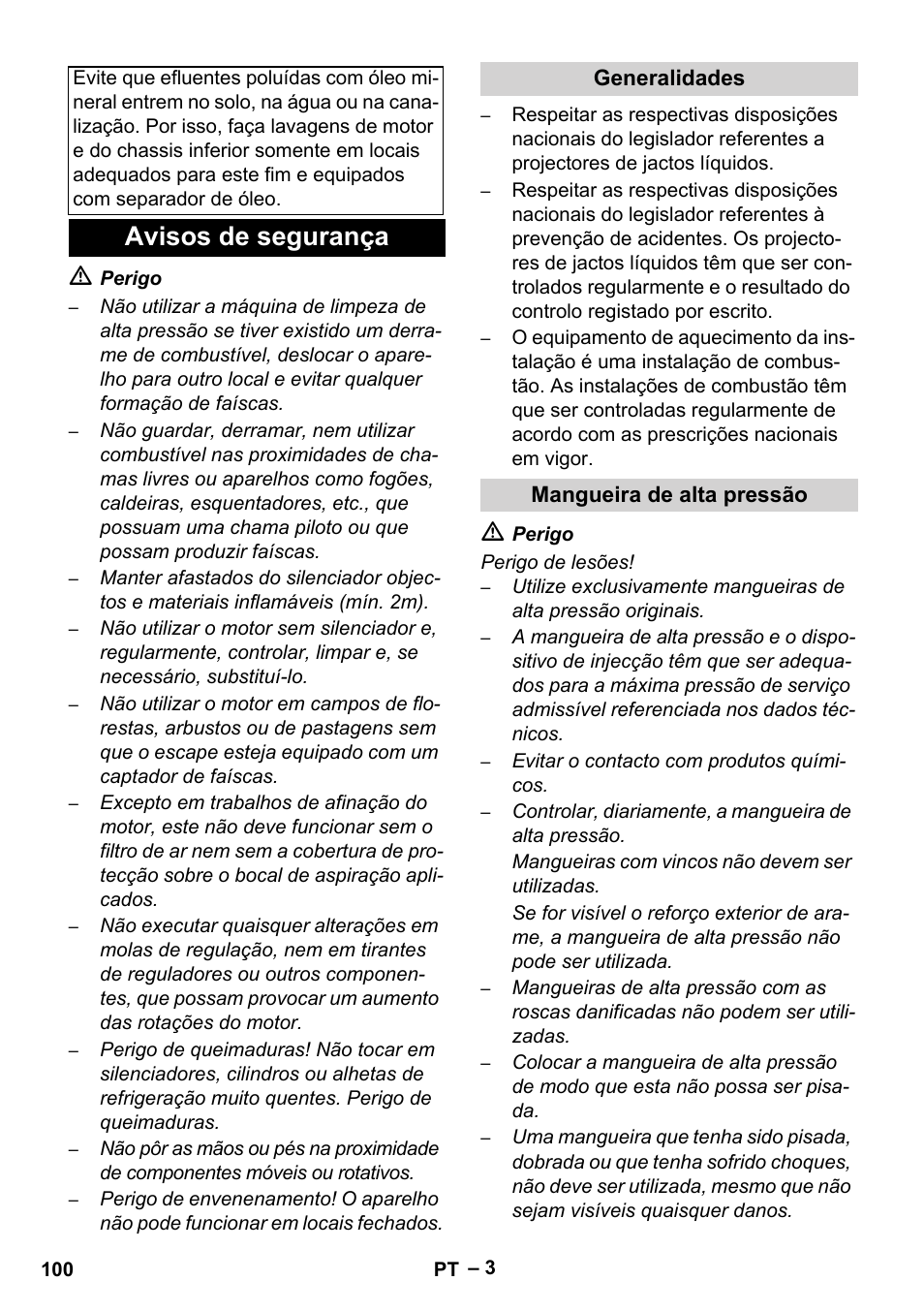 Avisos de segurança, Generalidades, Mangueira de alta pressão | Karcher HDS 1000 Be User Manual | Page 100 / 436