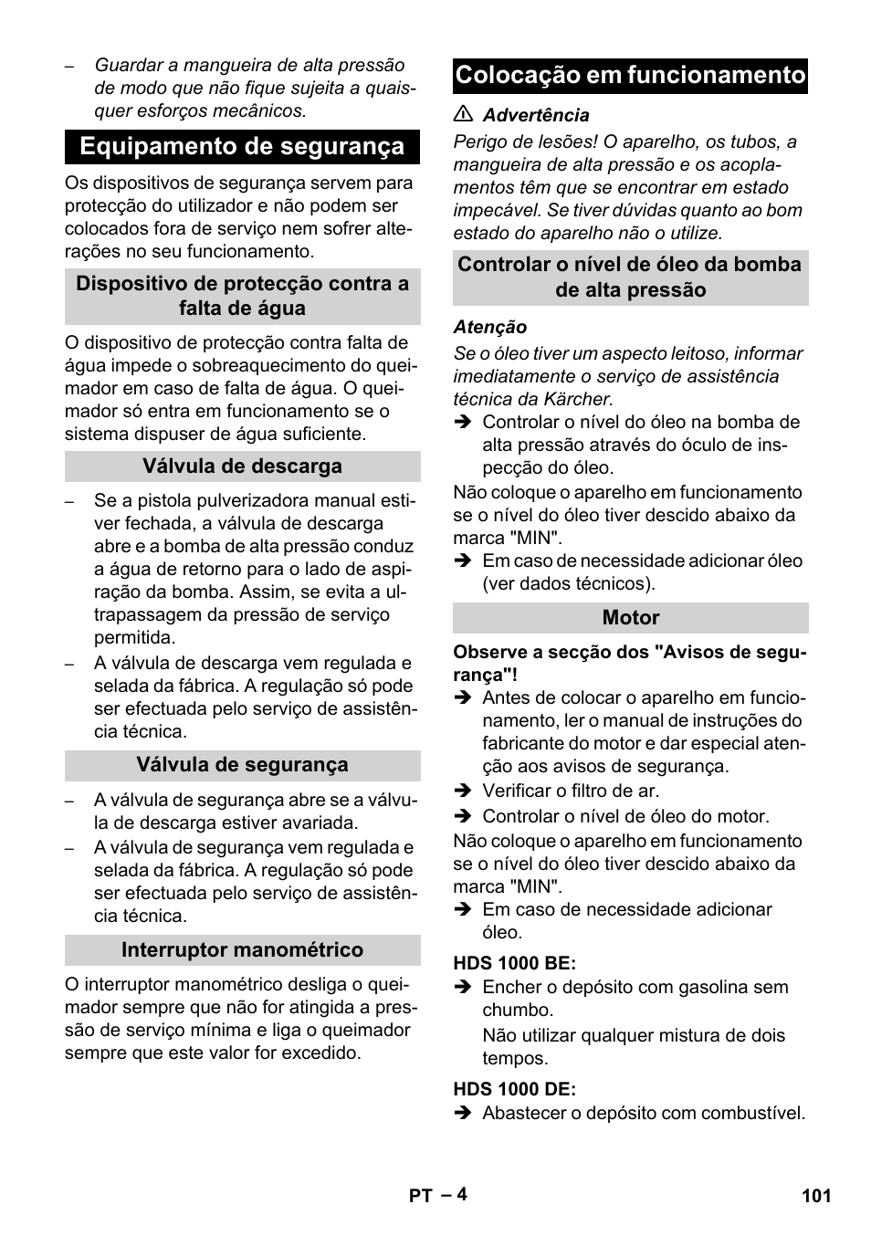 Equipamento de segurança, Dispositivo de protecção contra a falta de água, Válvula de descarga | Válvula de segurança, Interruptor manométrico, Colocação em funcionamento, Controlar o nível de óleo da bomba de alta pressão, Motor, Hds 1000 be, Hds 1000 de | Karcher HDS 1000 Be User Manual | Page 101 / 436