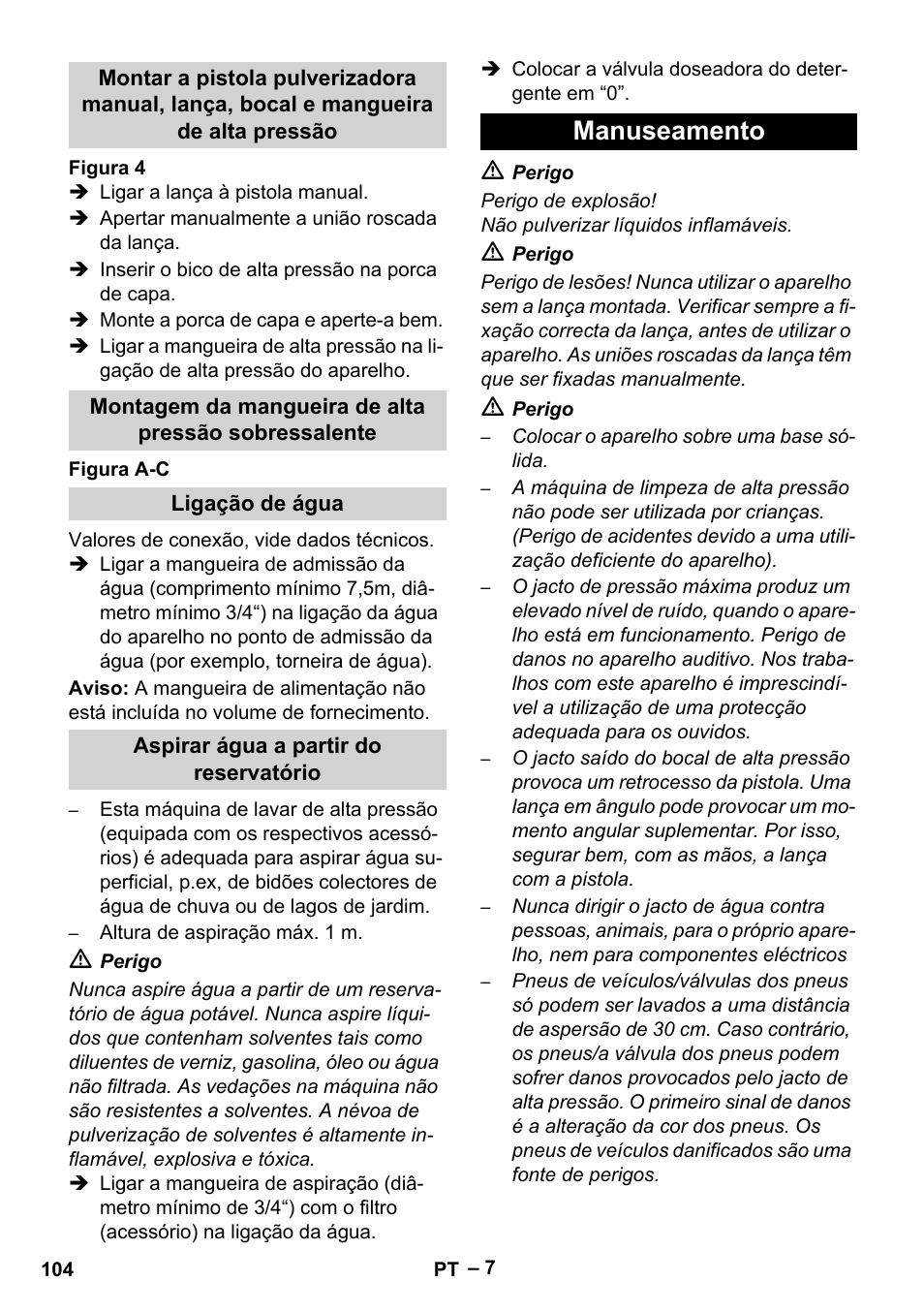 Ligação de água, Aspirar água a partir do reservatório, Manuseamento | Karcher HDS 1000 Be User Manual | Page 104 / 436